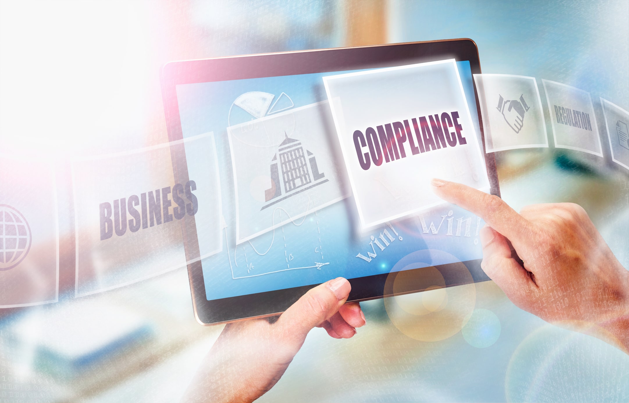 A businesswoman selecting a Compliance business concept on a futuristic portable computer screen.